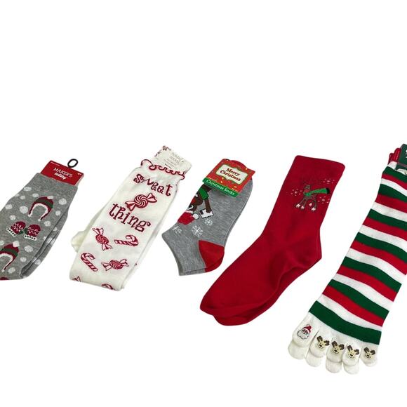 5 New NWT Womens Holiday Christmas Reindeer Peppermint Santa Glitter Socks - Picture 1 of 4